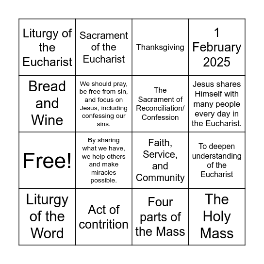 Recollection First Holy Communion Bingo Card