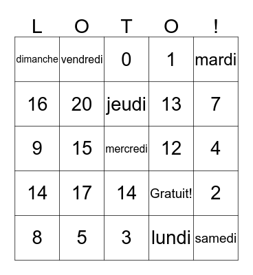 0-20/les jours de la semaine Bingo Card