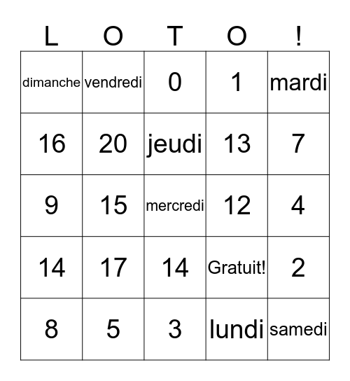 0-20/les jours de la semaine Bingo Card