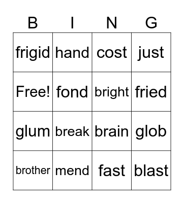 Consonant Blend Bingo Card