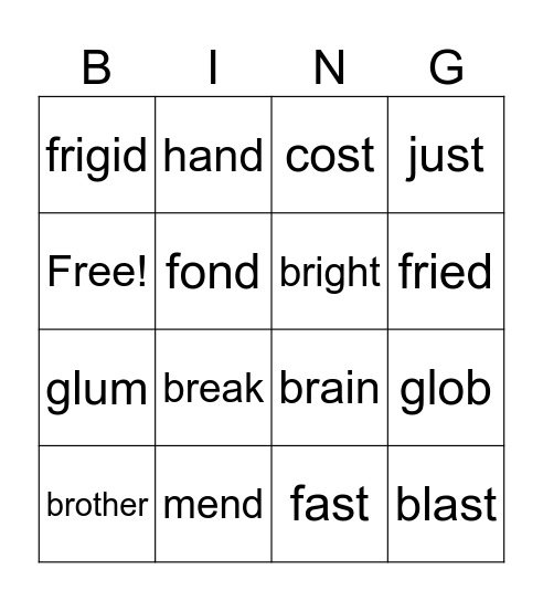 Consonant Blend Bingo Card