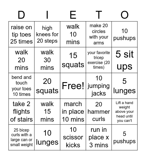 exercise bingo Card