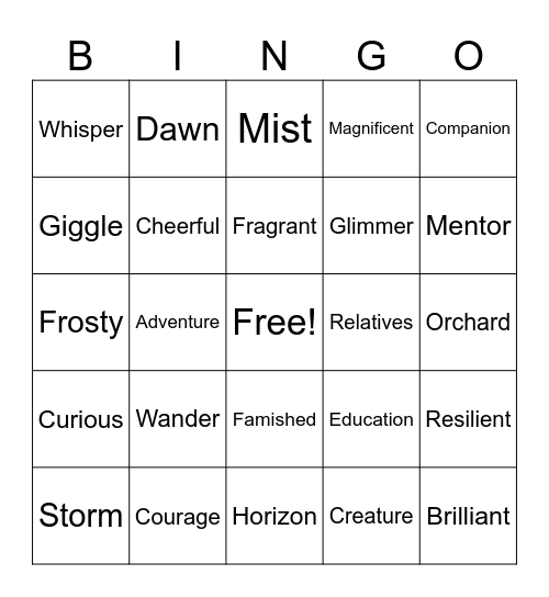 Vocabulary Bingo Card