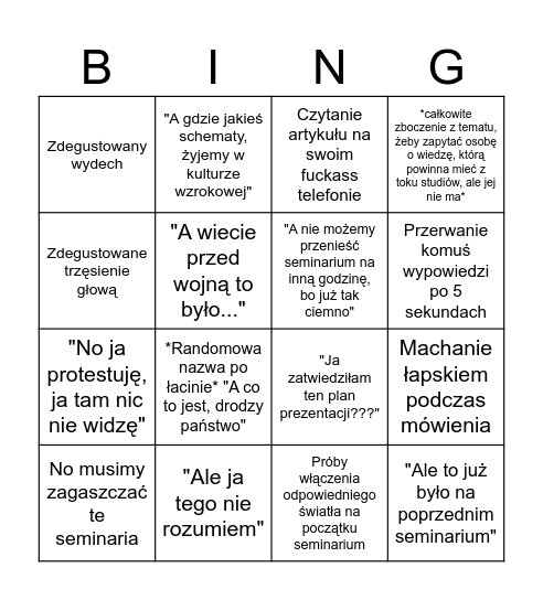 Bingo seminaryjne Bingo Card