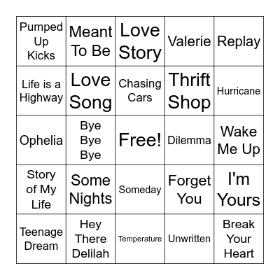 2000s Music Bingo Card