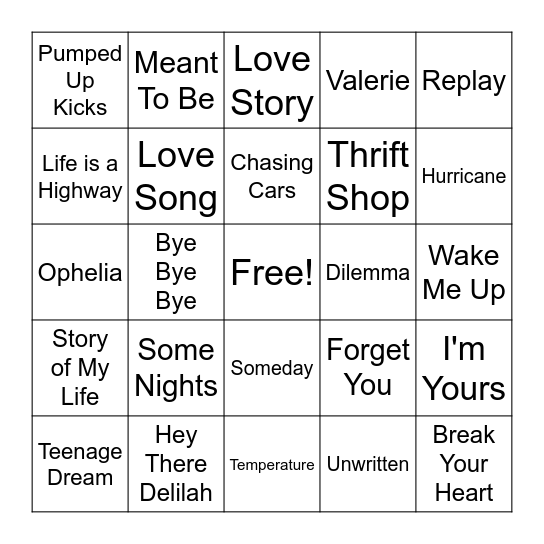 2000s Music Bingo Card