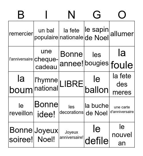 FRENCH 2 CH. 2 VOC 1 Bingo Card