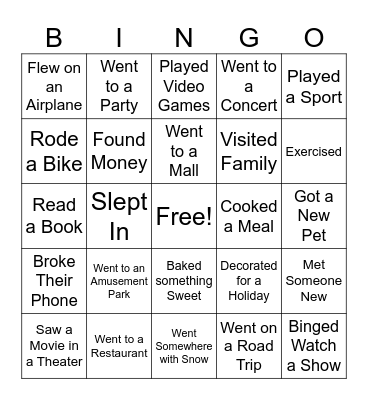 Winter Break Bingo Card