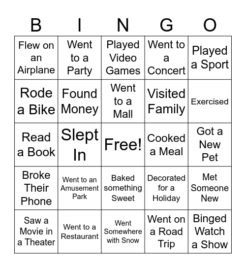 Winter Break Bingo Card