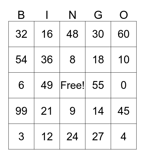 Multiplication Bingo Card