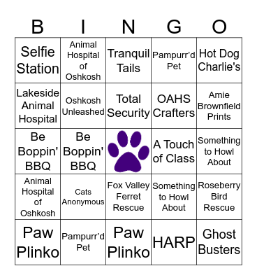 Walk for the Animals Bingo Card