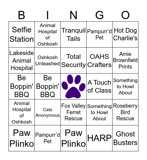 Walk for the Animals Bingo Card