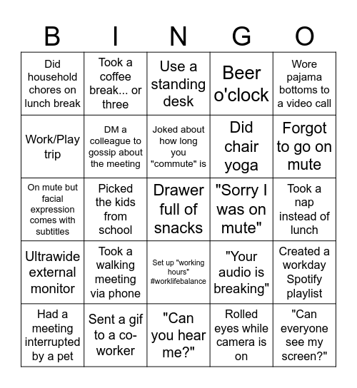 Remote Work Bingo Card