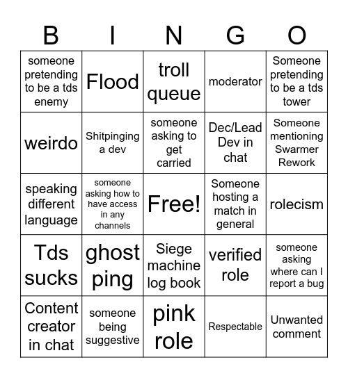 TDS GENERAL BINGO CARD Bingo Card