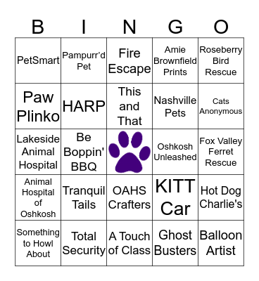 Walk for the Animals Bingo Card