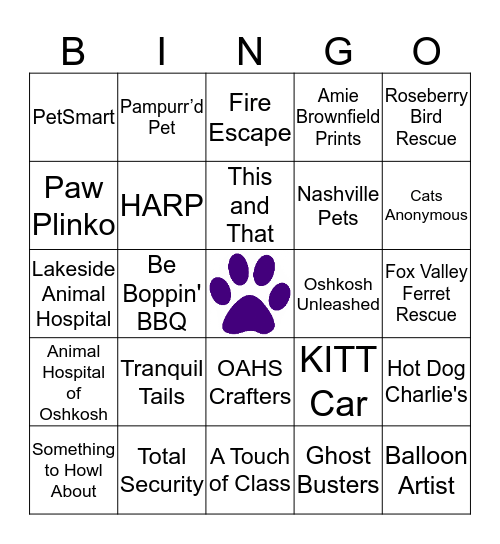 Walk for the Animals Bingo Card