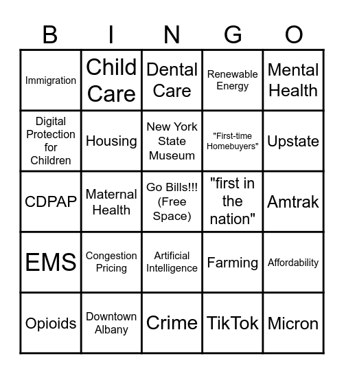 2025 New York State of the State Bingo Card