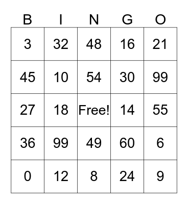 Multiplication Bingo Card