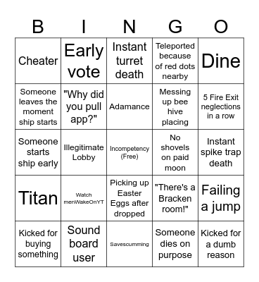 Lethal Company Public Lobby Bingo Card