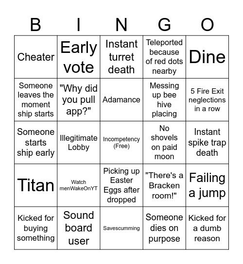 Lethal Company Public Lobby Bingo Card