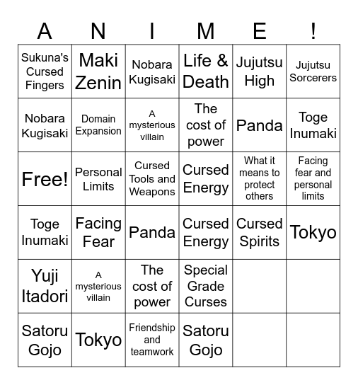 Jujutsu Kaisen BINGO Card