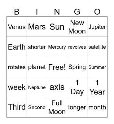 Planets, Seasons, & Moon Phases Bingo Card