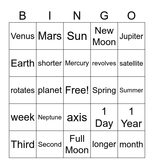 Planets, Seasons, & Moon Phases Bingo Card