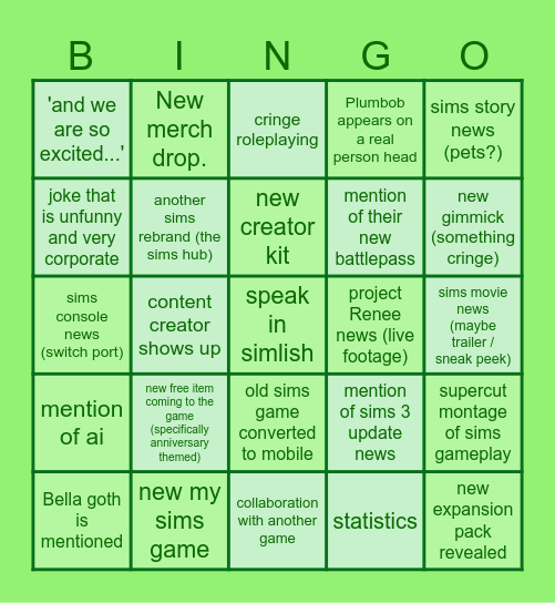 Sims 35 bingo Card