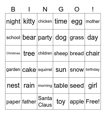 Dolch Nouns Bingo Card
