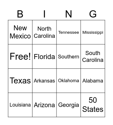 Southern States Bingo Card