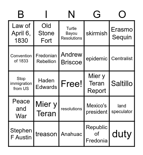 Texas Road To Revolution 7th grade Bingo Card