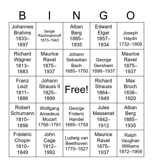 Famous Composers Bingo Card