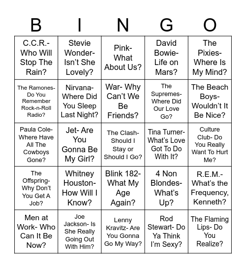 Radio Bingo Questions Bingo Card
