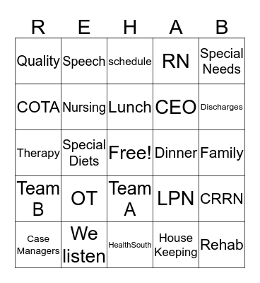 HealthSouth Cane Creek Rehabilitation Hospital 2016 Bingo Card