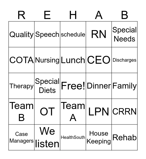 HealthSouth Cane Creek Rehabilitation Hospital 2016 Bingo Card