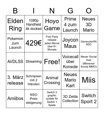Switch 2 Stream Bingo Card