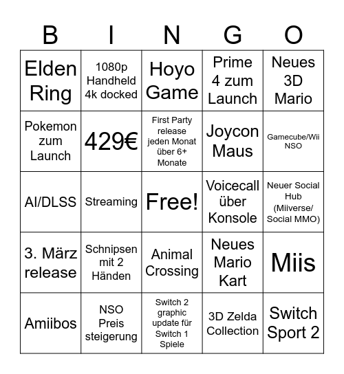 Switch 2 Stream Bingo Card