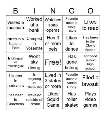 Classroom bingo Card