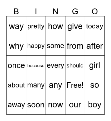 Sight Words 2 Bingo Card