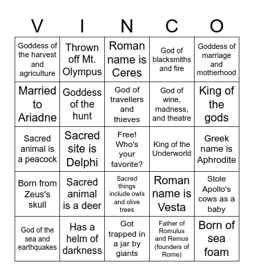 B7 Mythology Museum Bingo Card