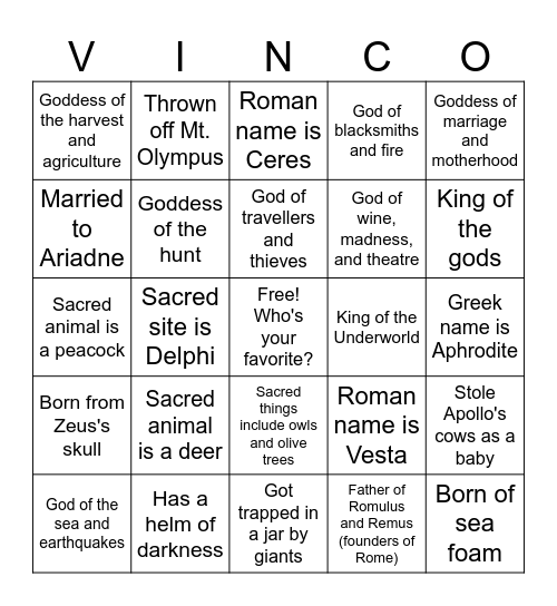 B7 Mythology Museum Bingo Card