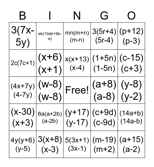 Factoring Bingo Card