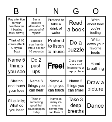 Coping Skill Bingo Card