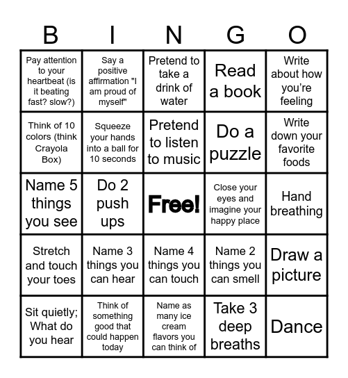 Coping Skill Bingo Card