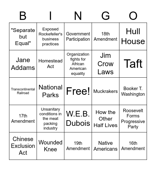 Unit 5 Test Review Bingo Card