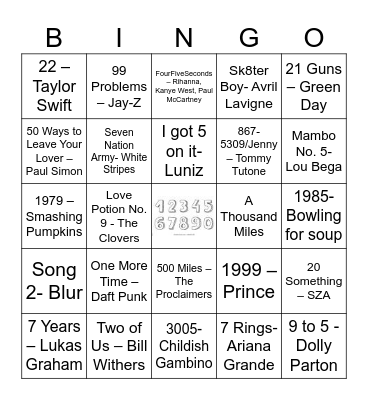 Songs By The Numbers Bingo Card