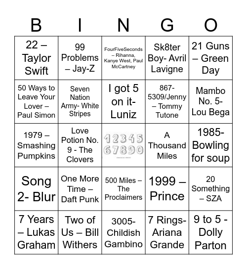 Songs By The Numbers Bingo Card