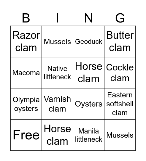 Clams Bingo Card