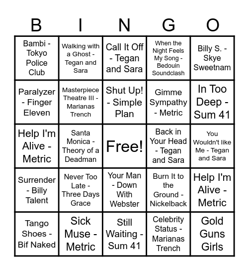 2000s Canadian Rock Mix Bingo Card