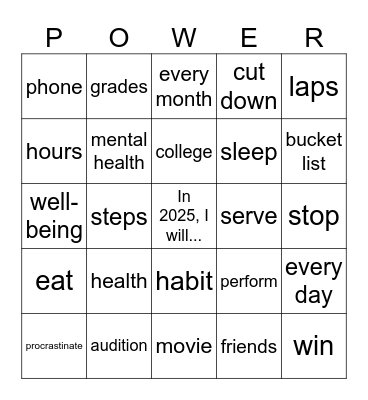 New Year's Resolutions Bingo Card